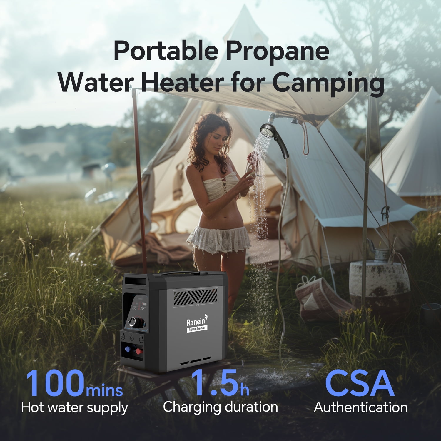 Ranein Portable Propane Water Heater with User-Friendly Control Knob Design, Built-in 4000mAh Rechargeable Battery, Instant Hot Water Pump & Showerhead...