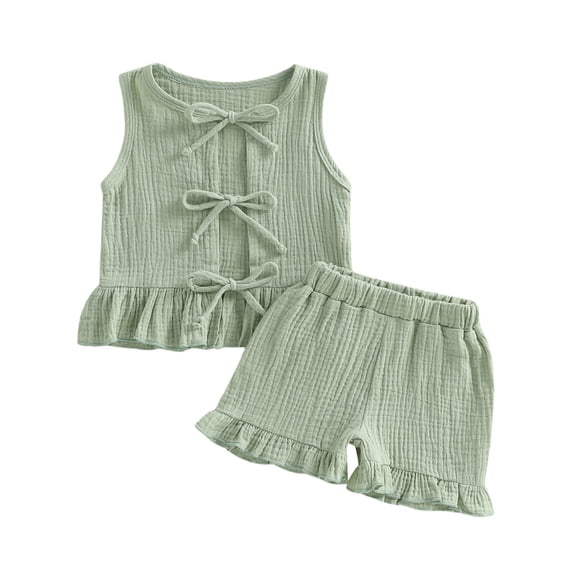 hengsof Baby Girl Cotton 2 Piece Set for 6 Months to 4 Years Sleeveless Round Neck Sweet Tie Detail Bow Top Shorts Outfit Soft Comfy Play Clothes