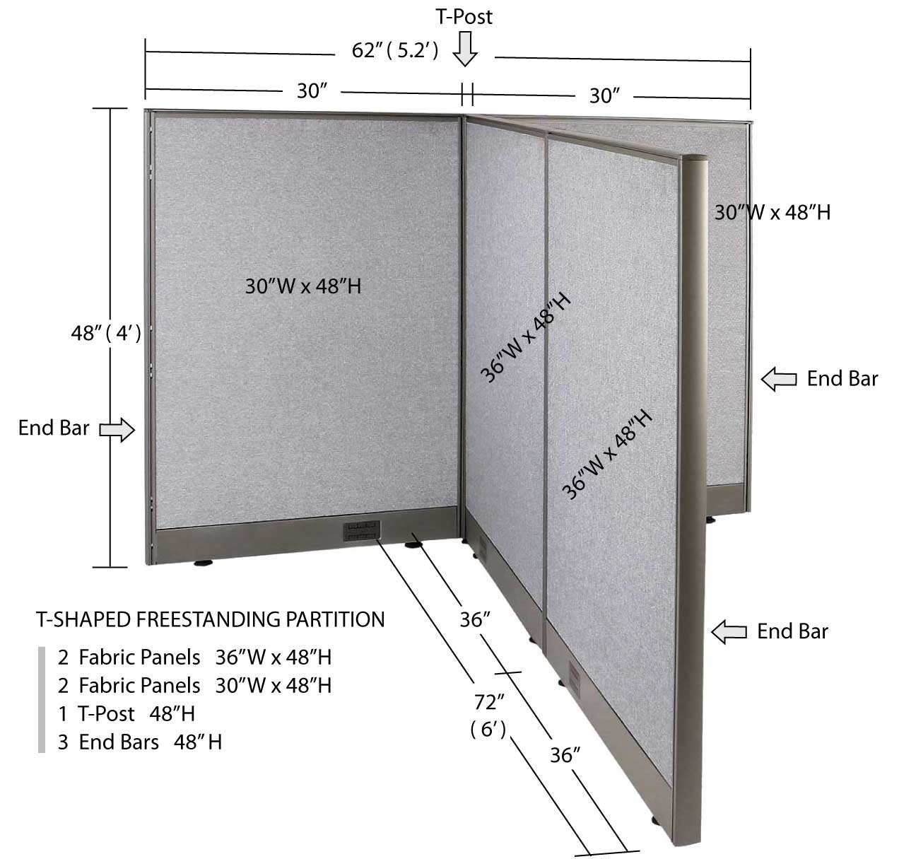 GOF T-shaped Freestanding Partition (72”D x 60”W x 48”H) Office Room Divider, Privacy Screen, Workstation Cubicle
