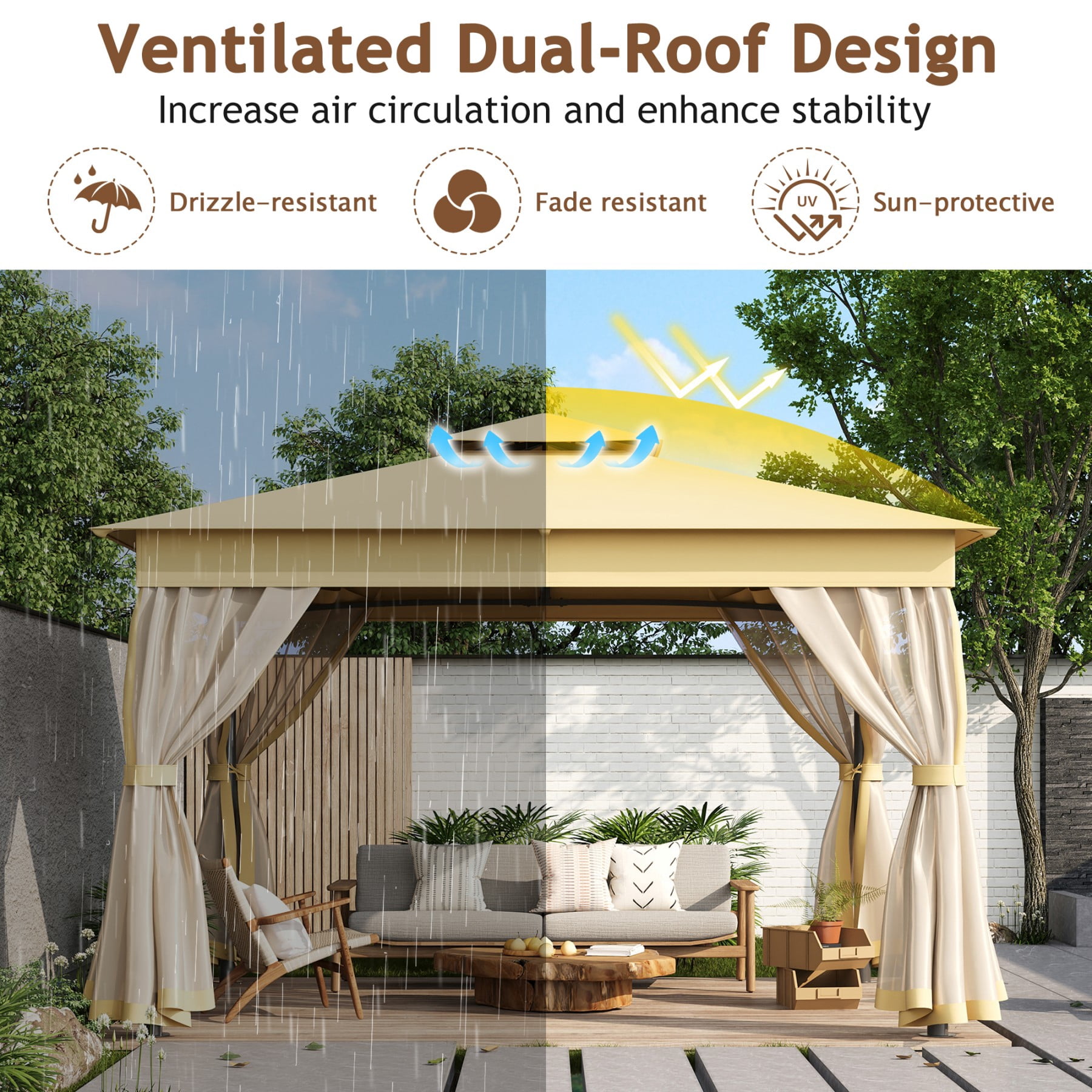 10'x12' Outdoor Gazebo Tent with Double Roofs, Patio Gazebo with Mosquito Netting, Patio Canopy for Backyard, Garden, Lawn and Deck,Beige
