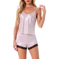 thumbnail image 1 of INSPIRAR CHIC Conjunto de Pijamas de Satén para Mujeres, Top sin Mangas con Espalda de Carreras y Cortos con Encaje, Conjuntos de Lounge de Seda XL Rosa-1, 1 of 6