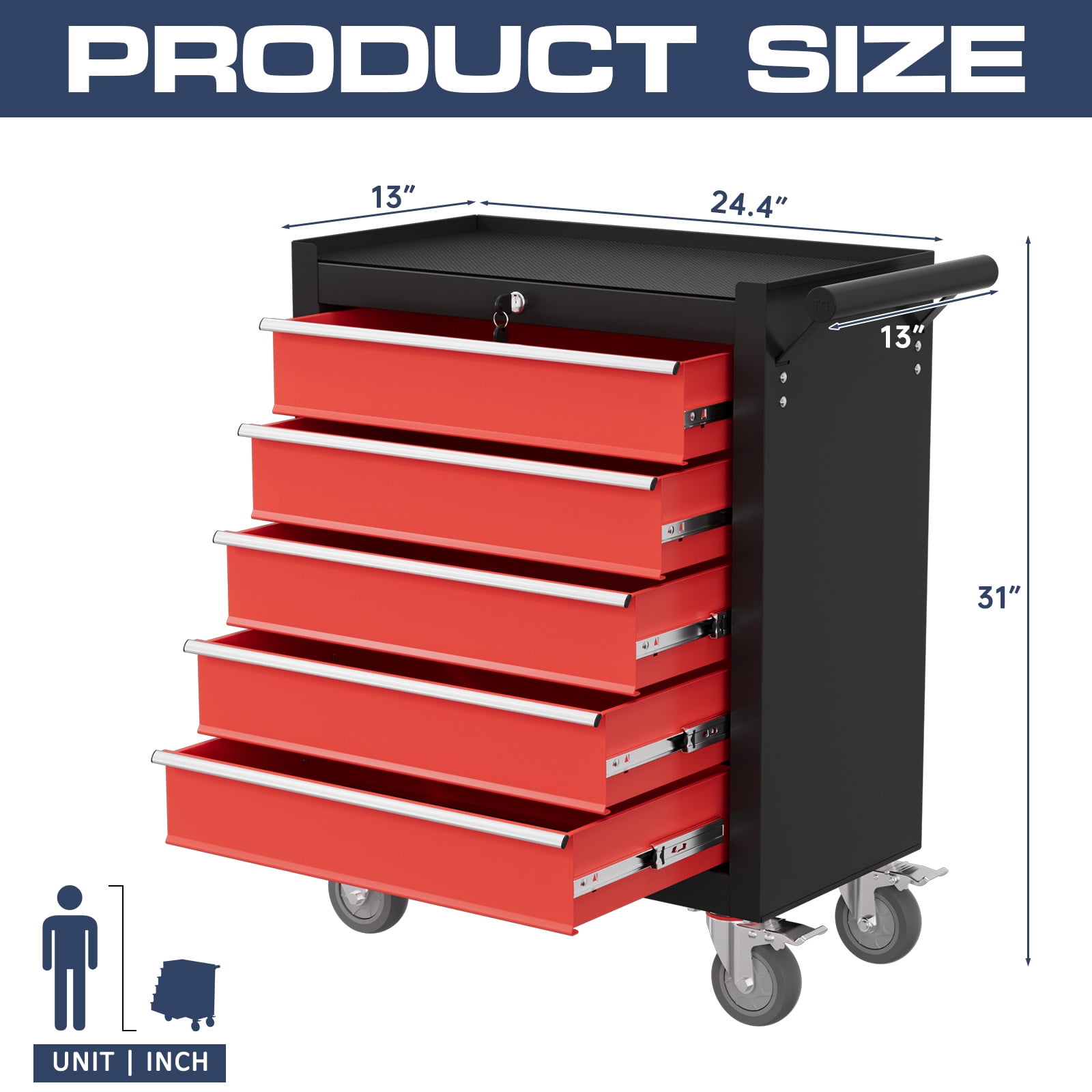 5-Drawer Tool Chest,Rolling Tool Cart with Wheels,High Capacity Tool Cabinet with Locking System for Garage, Warehouse, Workshop-Black&Red