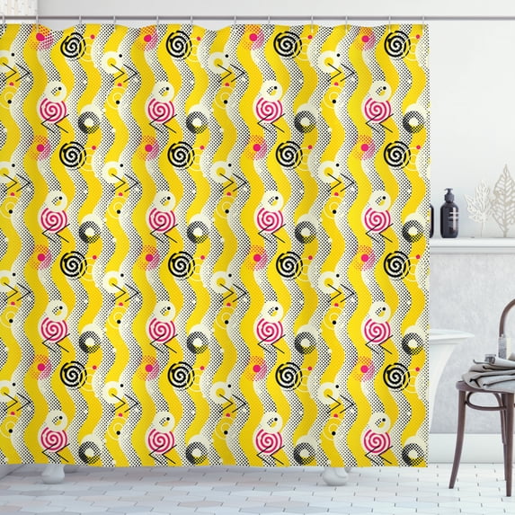 Funky Shower Curtain, Vertical Wavy Stripes Pixelated Geometric Waves with Swirls on Halftone, Fabric Bathroom Set with Hooks, 69W X 75L Inches Long, Pink Yellow and Black, by Ambesonne