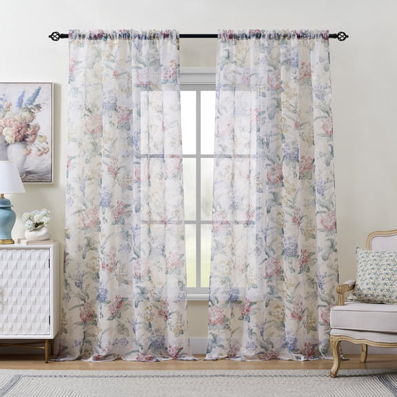 Muuphra Modern Colorful Embroidered Print Floral Rod Pocket Sheer Curtains for Bedroom Living Room,52"-63"