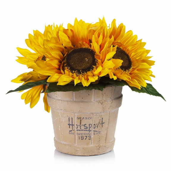 Enova Home 7 Heads Artificial Silk Sunflowers Arrangement in Pot for Home Office Decoration