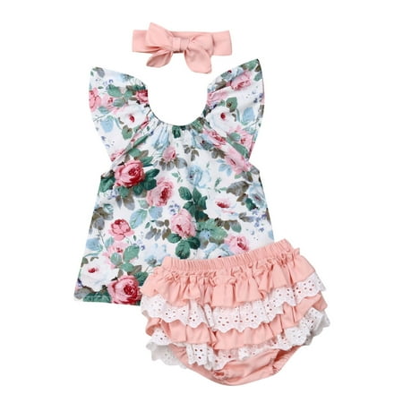 

Baby Girl Clothes Kids Floral Flying Sleeve Top Lace Falbala Shorts Headband Outfit