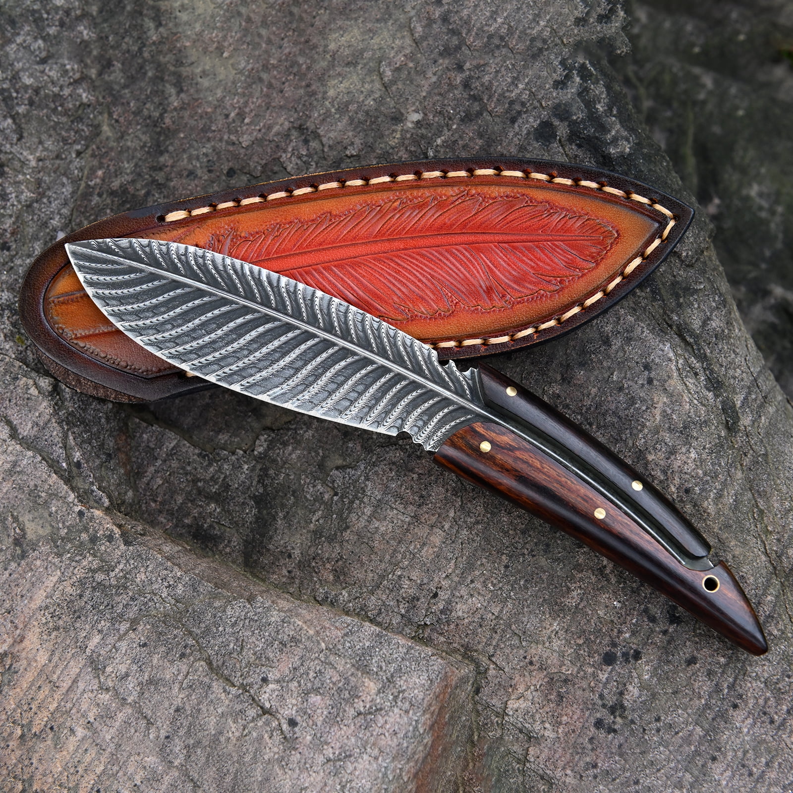 Dispatch 3.9-inch Fixed Blade Knife, Gray,Damascus Steel, Feather Knife for Outdoor Climbing with Sheath