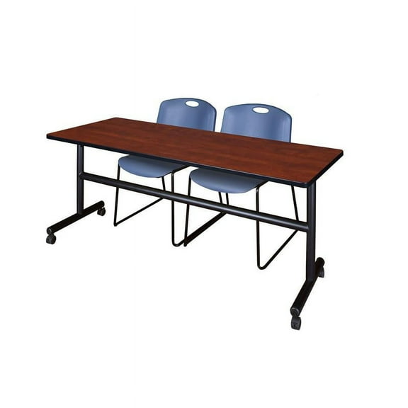 72" x 30" Flip Top Mobile Training Table- Cherry and 2 Zeng Stack Chairs- Blue
