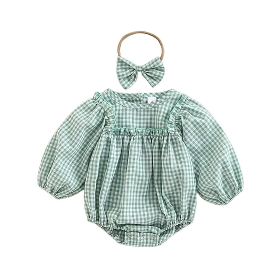 Staki Smocked Baby Girl Clothes Newborn Girl Bubble Romper Long Sleeve Jumpsuit And Headband Outfit Cute Infant Clothing 0-18M,12-18 Months