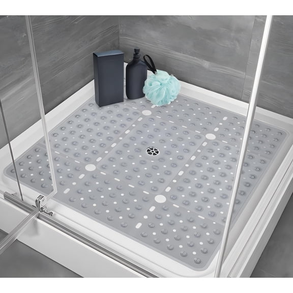 Shower Mat 27x27 Inch - Non Slip TPE Bath Mat with Suction Cups and Drain Holes, Machine Washable, Grey