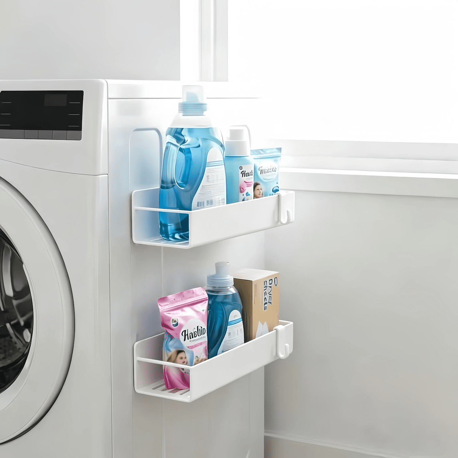 Set of 3 Magnetic Metal Rack for Refrigerator Side White, Kitchen Storage Shelf with Hooks – Holds Jars, Bottles, Cans – Space-Saving Fridge Organizer