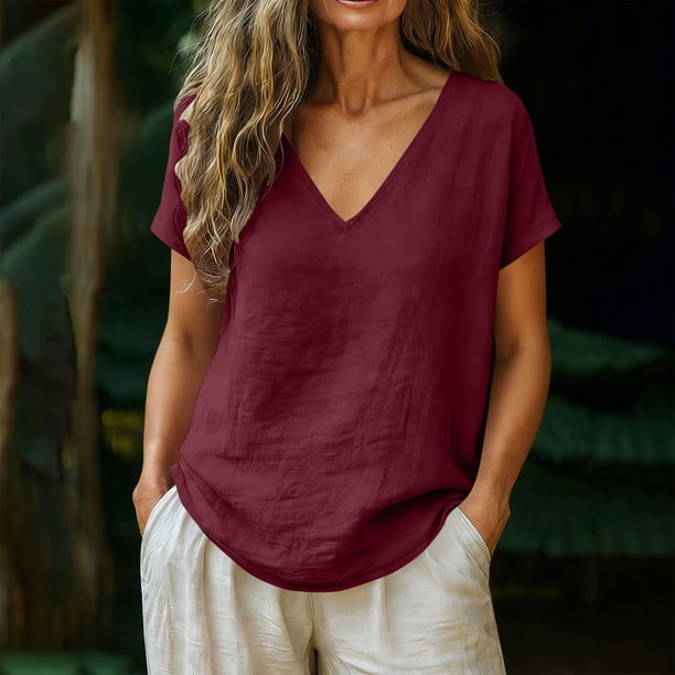 TaTaai Linen Loose Women's Casual Fashion Short Sleeve Top, Breathable Soft Solid Color, for Spring Daily Leisure Outfits Gift
