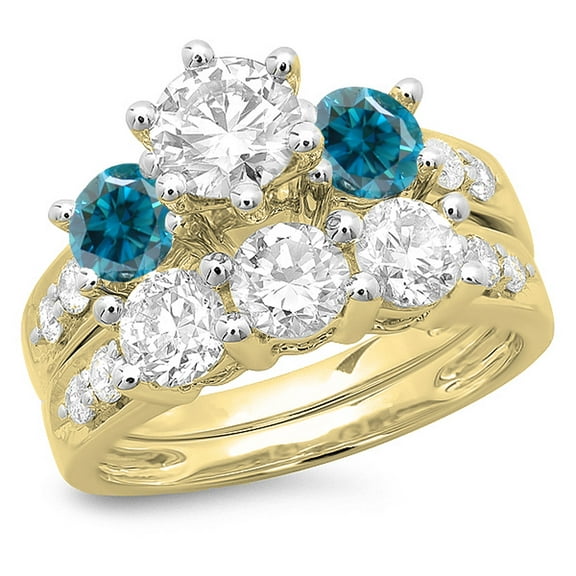 Dazzlingrock Collection 3.10 Carat (ctw) 14K Blue & White Diamond 3 Stone Engagement Ring Set 3 1/10 CT, Yellow Gold, Size 6.5
