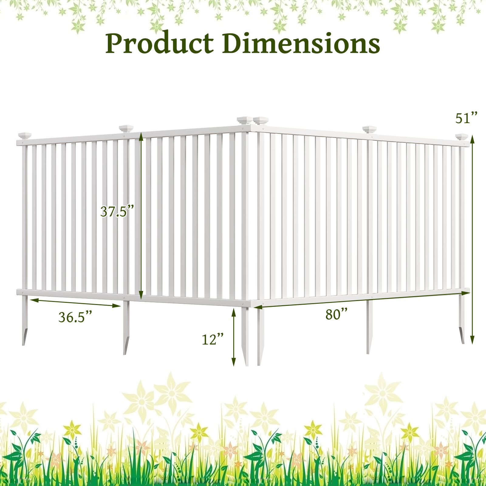 Patiojoy Garden Decoration Fence Pack of 2 Vinyl Picket Panels with Sharp Ground Stakes Protective Caps PVC Slatted No Dig Fence