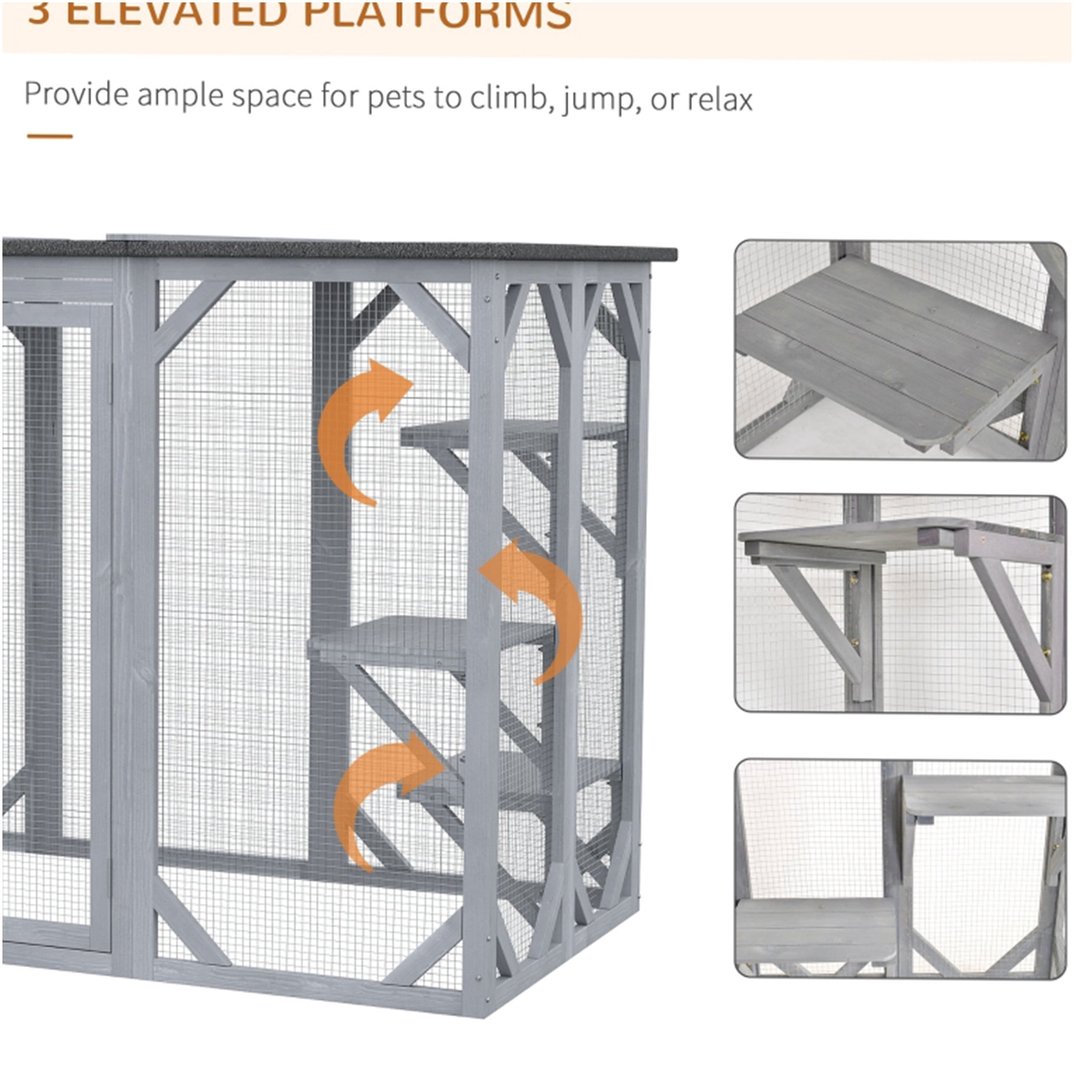 JERFIT Large Outdoor Catio Enclosure for Multiple Cats, Weatherproof Wooden Cat Cage Playpen with Asphalt Roof, Sturdy Wire Mesh, Grey