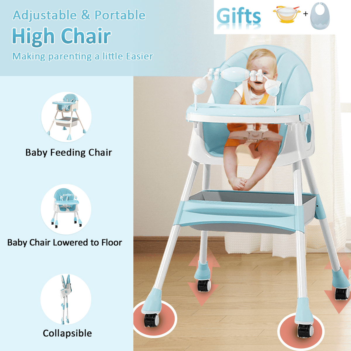 JieC 3 in 1 Baby High Chair, Foldable Baby Feeding Chair, for Infants and Toddlers 0-24 Months, Blue