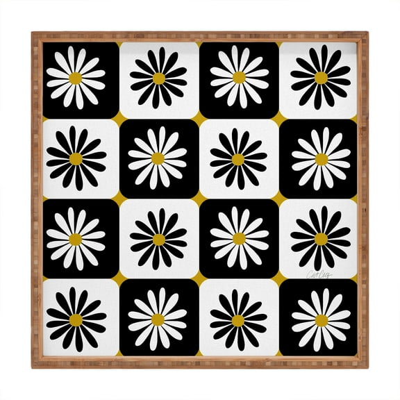 Society6 Checkered Daisies Black White by Cat Coquillette Square Bamboo Tray