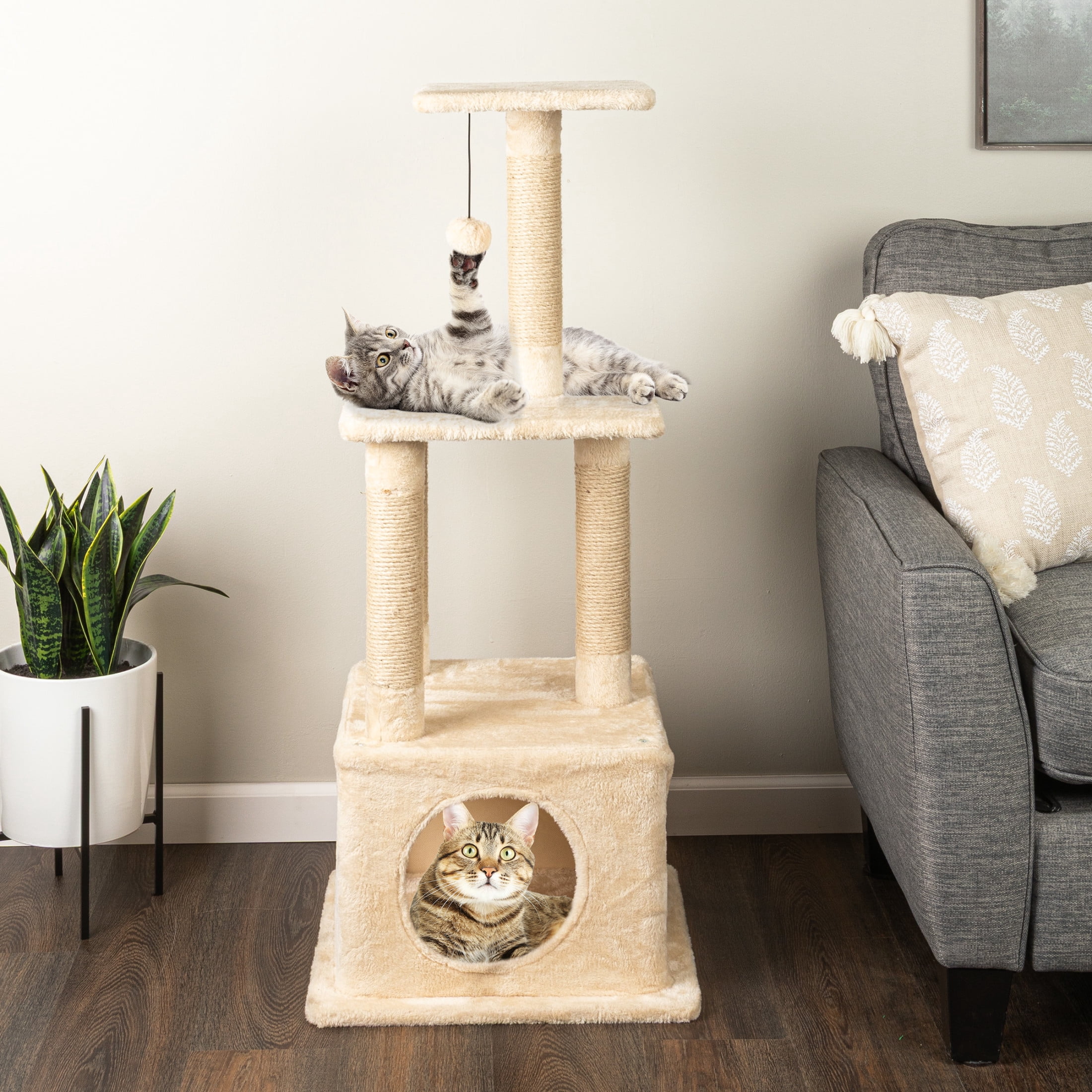 PETMAKER 44in Tall Cat Tree Tower with Perches, Condo, Scratching Posts, and Hanging Toy (Beige)