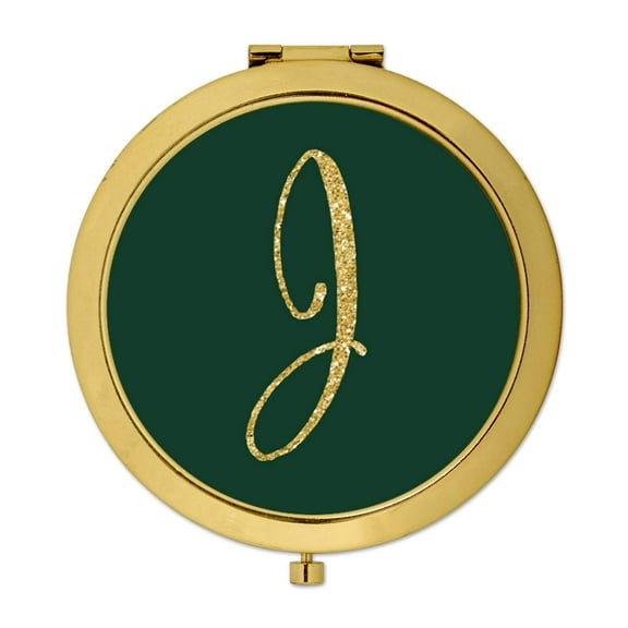 Koyal Wholesale Gold Compact Mirror Bridesmaid's Wedding Gift, Emerald Green, Monogram Letter J, 1-Pack