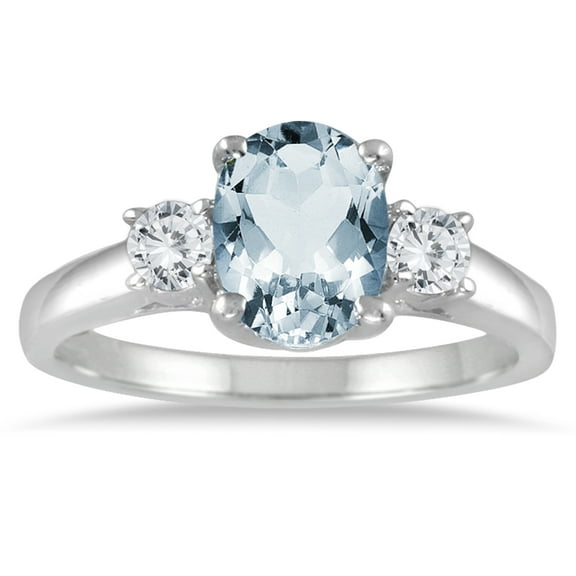 Aquamarine and Diamond Three Stone Ring 14K White Gold
