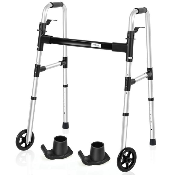 Andador Loyoda para personas mayores, ligero, compacto, plegable, con 2 esquís y 5 ruedas, altura ajustable, soporta hasta 169 kg, apto para FSA/HSA, color negro (andador con esquís)