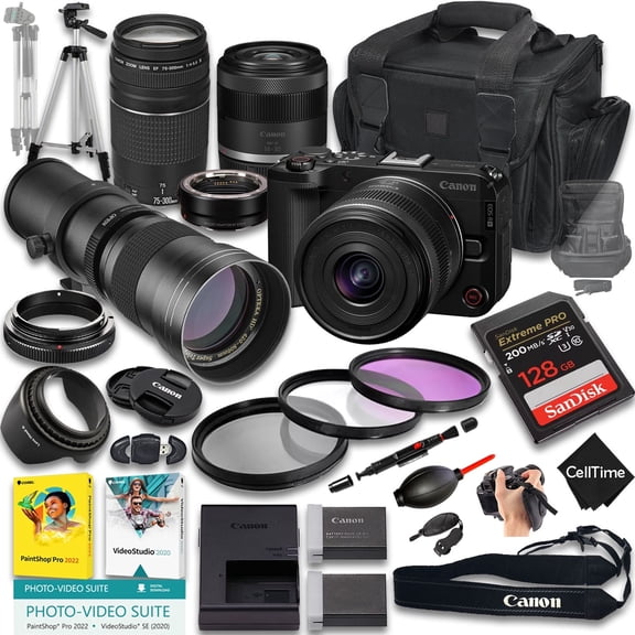 Canon EOS R50 V Mirrorless Camera with RF-S 14-30mm f/4-6.3 IS STM PZ And EF 75-300mm f/4-5.6 III & 420-800mm f/8 Lens   128GB Memory   More (25pc Bundle) (International Version)