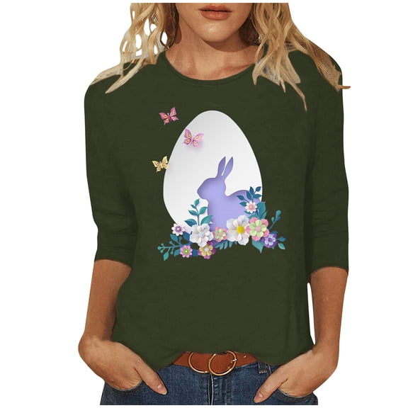 EQWLJWE Women’s Top Plus Size Tunic Easter Day 3/4 Sleeve Shirt Round Neck Cute Bunny Floral Eggs Graphic Blouses Casual Pullover Tee for Vacation Trip Hawaiian(Army Green,S)
