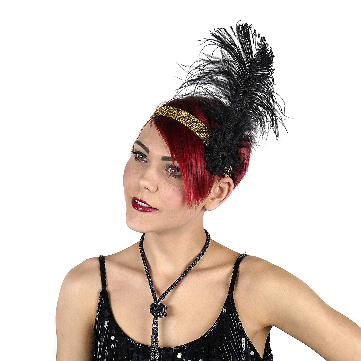 Black/Silver Flapper Headband Feather Womens Headpiece Head Band 20s Costume NEW 