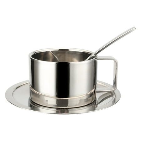 

3pcs Stainless Steel Coffee Cup Set Double Walled With Saucer Spoon Tableware