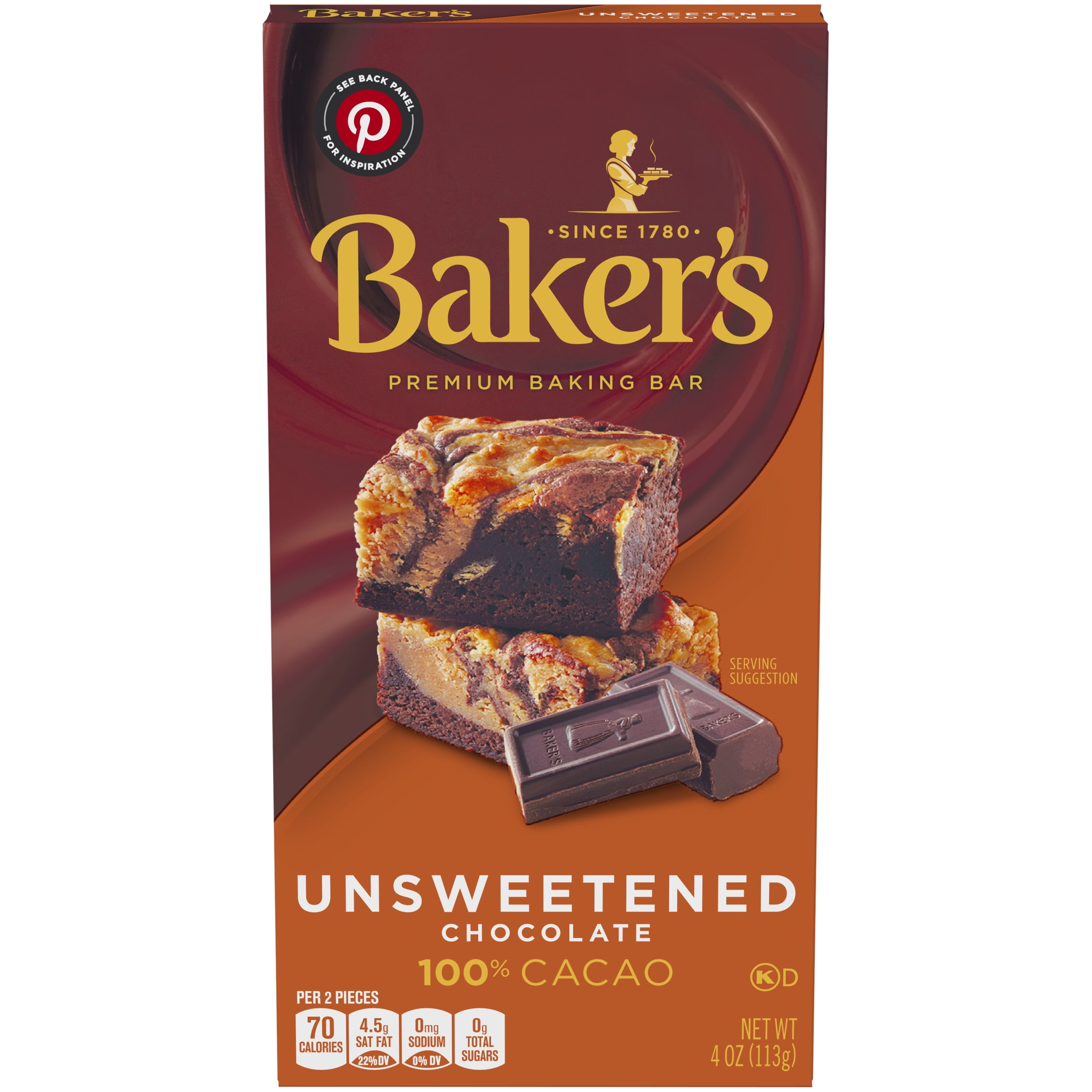 Baker's Unsweetened Chocolate Premium Baking Bar with 100 % Cacao, 4 oz Box