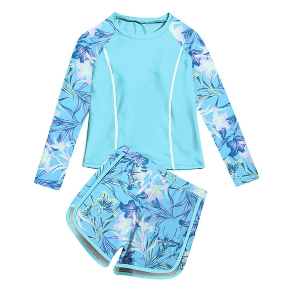 Odeerbi 2-10 Años Traje de Baño de Manga Larga Con Lycra Para Niñas Dos Piezas Traje de Baño de Entrenamiento Hawaiano Traje de Baño Con Estampado Floral Bañador Con Lycra Para Niñas