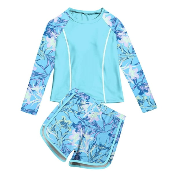 Odeerbi 2-10 Años Traje de Baño de Manga Larga Con Lycra Para Niñas Dos Piezas Traje de Baño de Entrenamiento Hawaiano Traje de Baño Con Estampado Floral Bañador Con Lycra Para Niñas