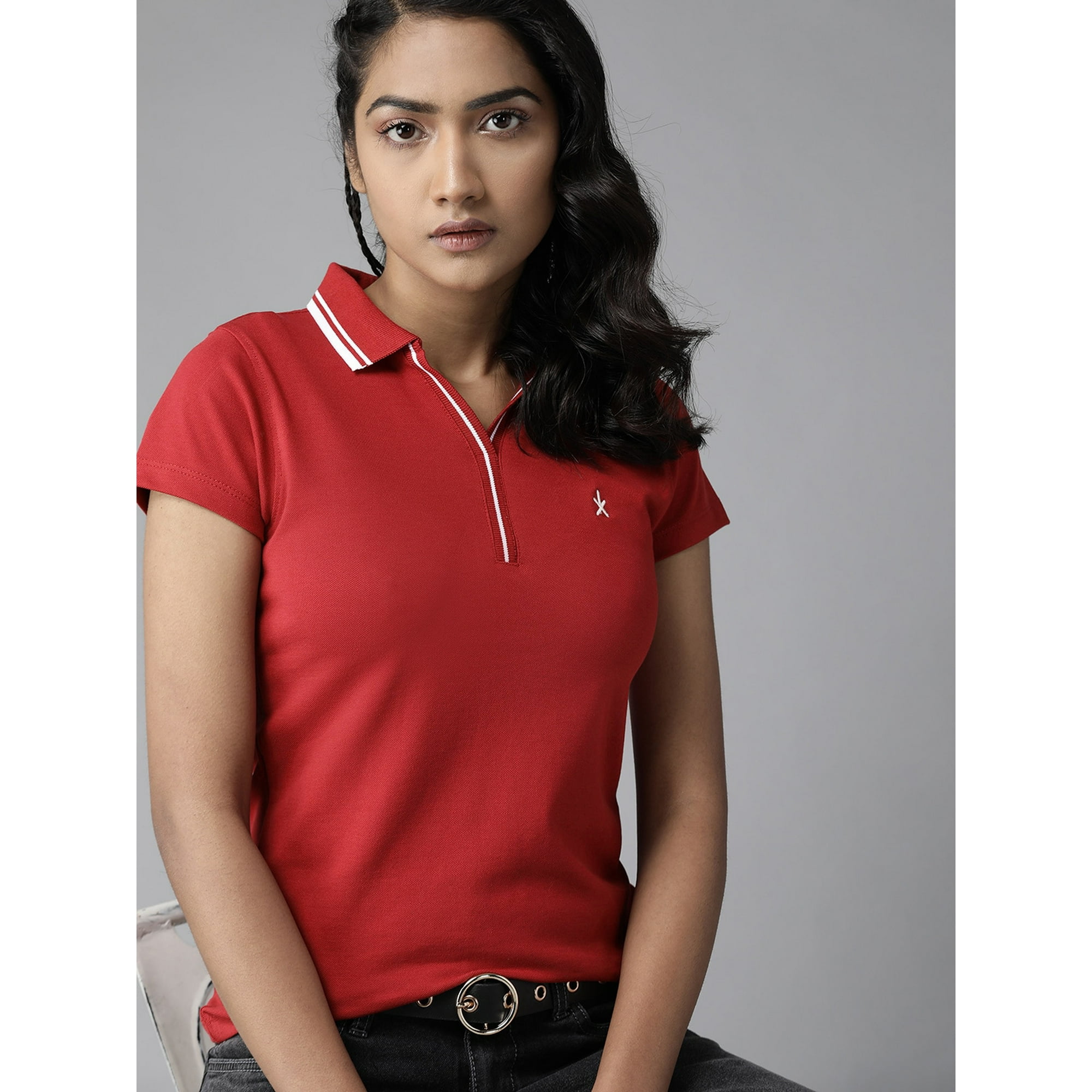 Roadster By Myntra Casual T-Shirts For Women Red Solid Polo, 43% OFF