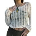 thumbnail image 3 of Coduop Women Crochet Long Sleeve Crop Top,Patchwork Pullover Shirts Hollow Out Cover Up Knit Tops, 3 of 5