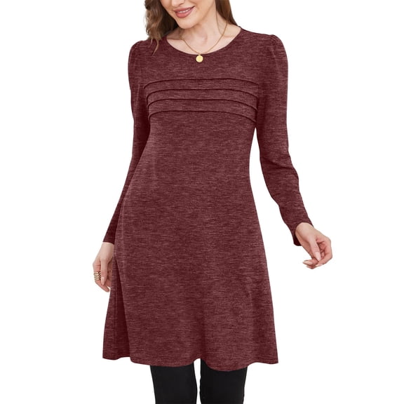 AUNVITO Women's Round Neck Button Front Pleated Long Sleeve Dress with Pocket Simple and Chic