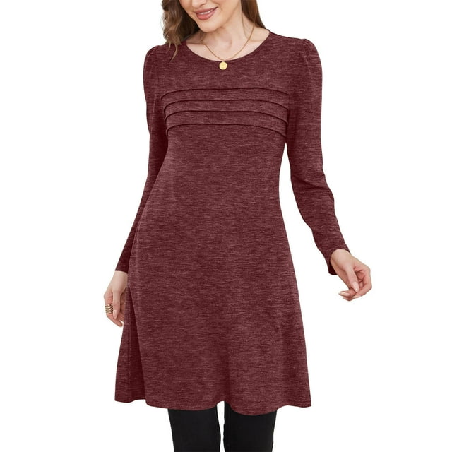 Women's Casual Solid Round Neck Long Sleeve Fold Dress - Polyester Summer Spring Daily Wear