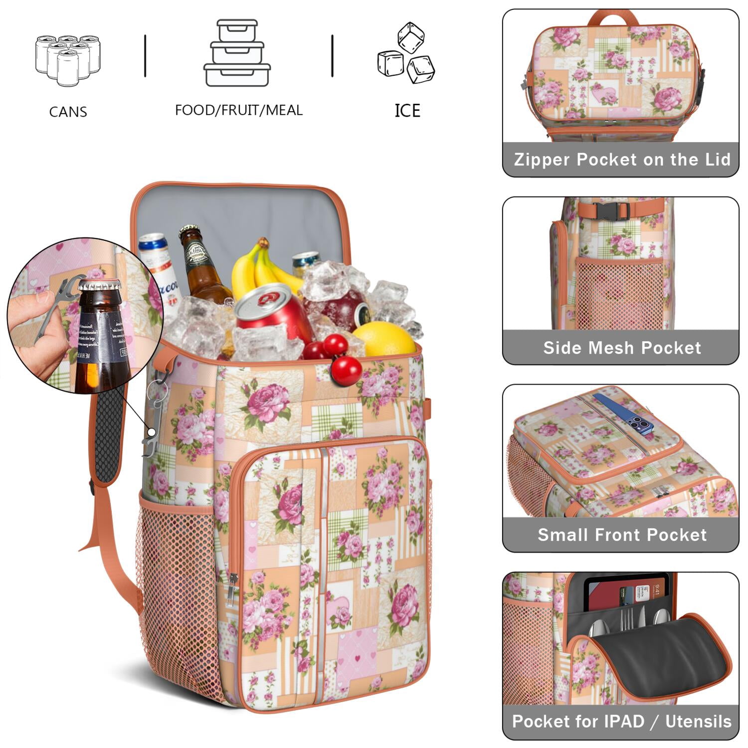 Travel Cooler Bag - Pioneer Flower Camping Beer Cooler Backpack with Bottle Opener- Waterproof Insulated Picnic Backpacks - Cooler Bag for Beach