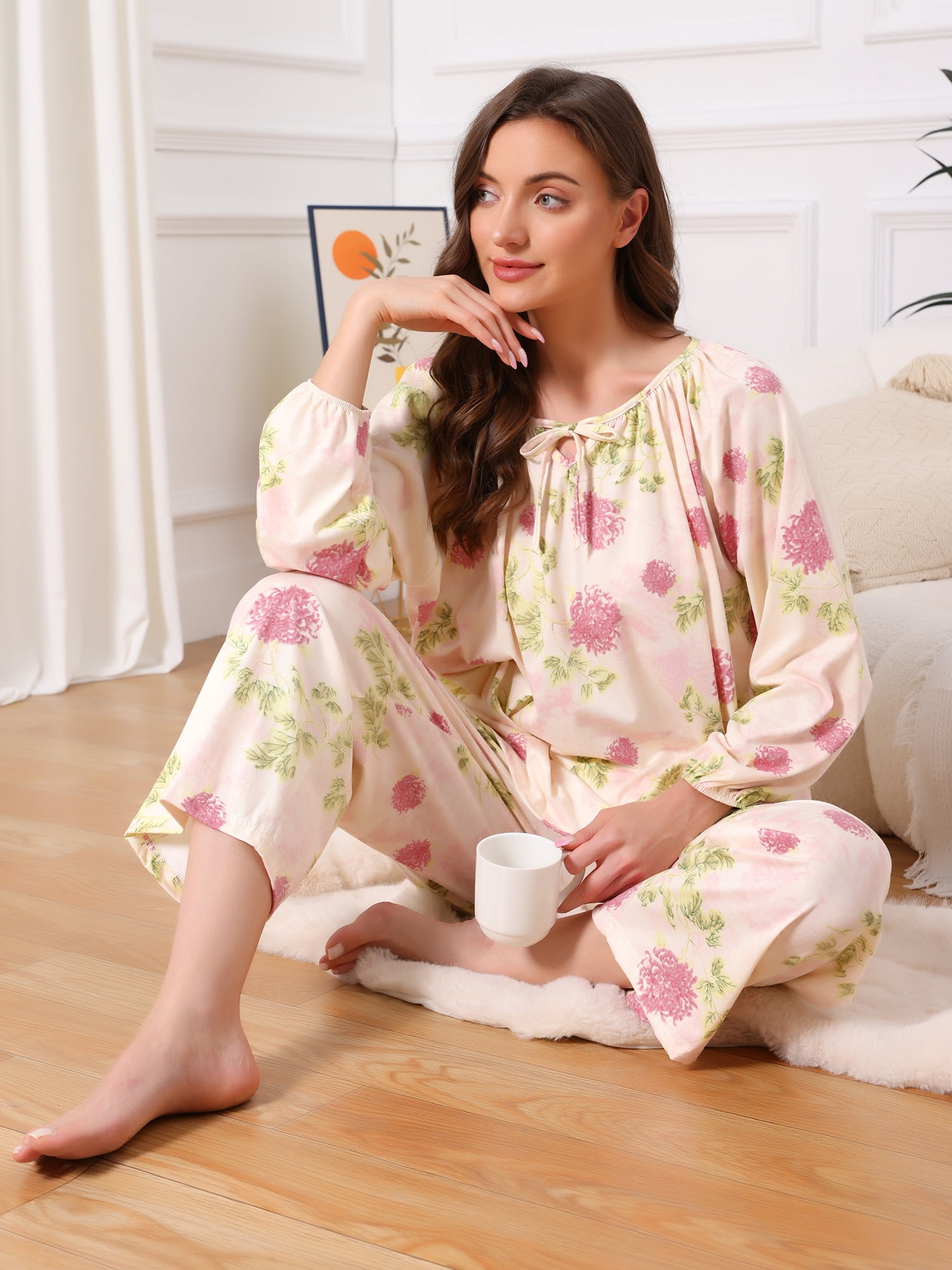 DARING DIVA Women's Long Sleeve Floral Pullover Tie Front Wide Leg Pajamas L Beige