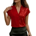 thumbnail image 2 of Turilly Women's Solid Color V-Neck Patchwork Sequined Tops Batwing Sleeve Short Sleeve Shirt Top, 2 of 6