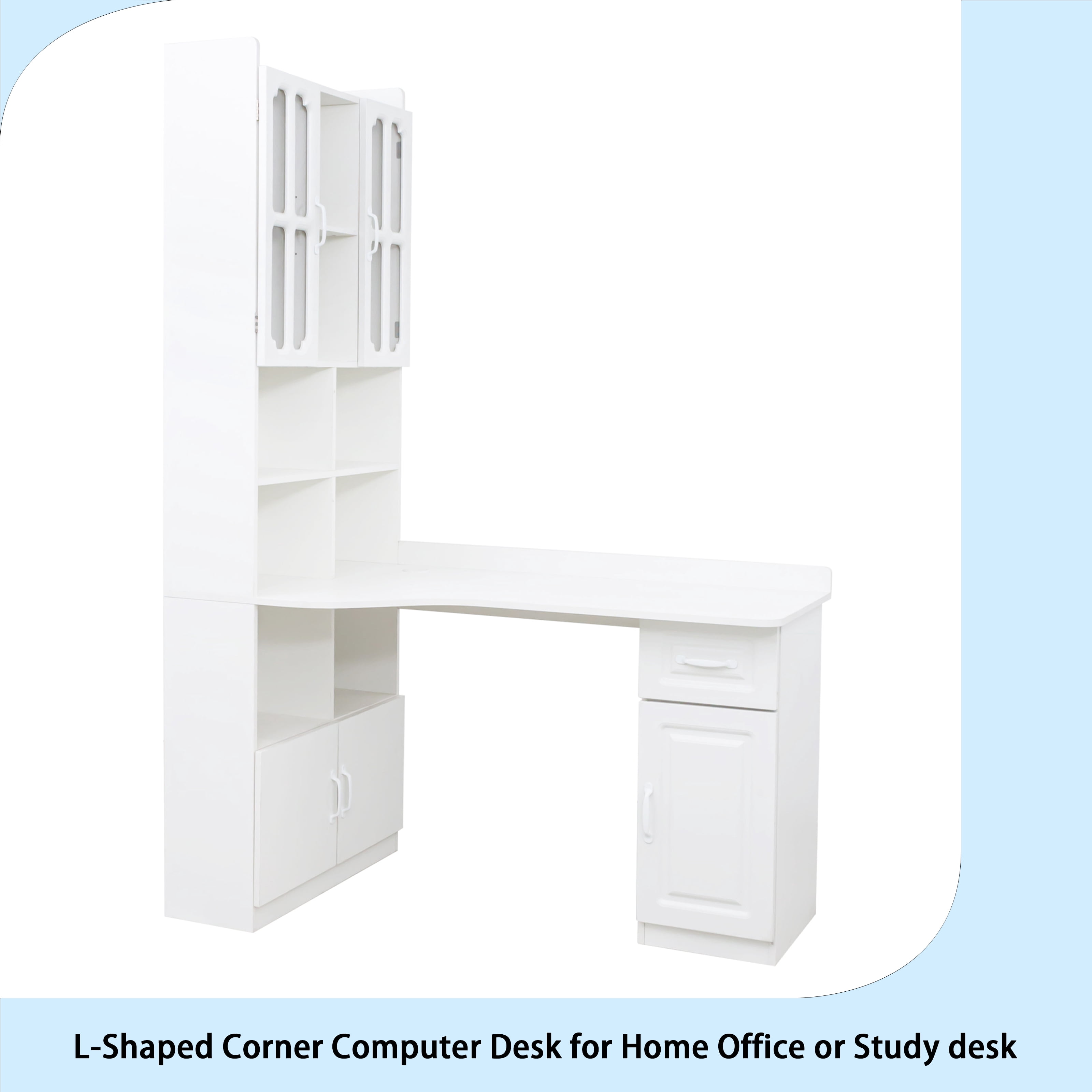 L-Shaped Corner Computer Desk for Home Office or Study desk, Study Modern Style Table with Drawers, Bookshelf & Hutch, 2-in-1 L-Shaped Design, Large Working Space,white