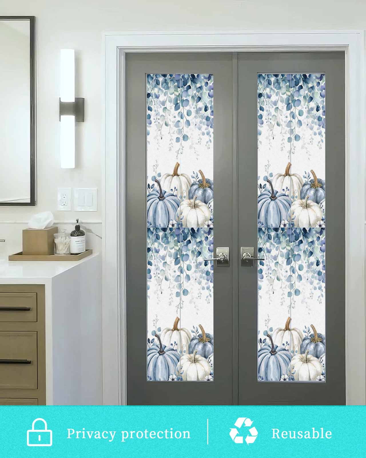 Window Privacy Film Blue Pumpkin Fall Stained Glass Window Film Decorative Sun Block Window Cover Thanksgiving Eucalyptus Leaves Weeping Window Clings Static Adhesive Sticker for Bathroom 17.7"x78.7"