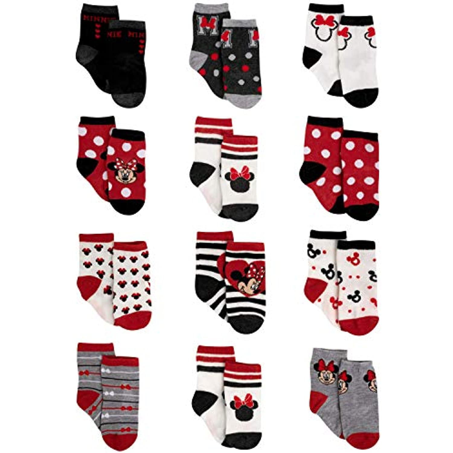 Disney girls Assorted Minnie Mouse Designs 12 Pair Socks Variety Set 