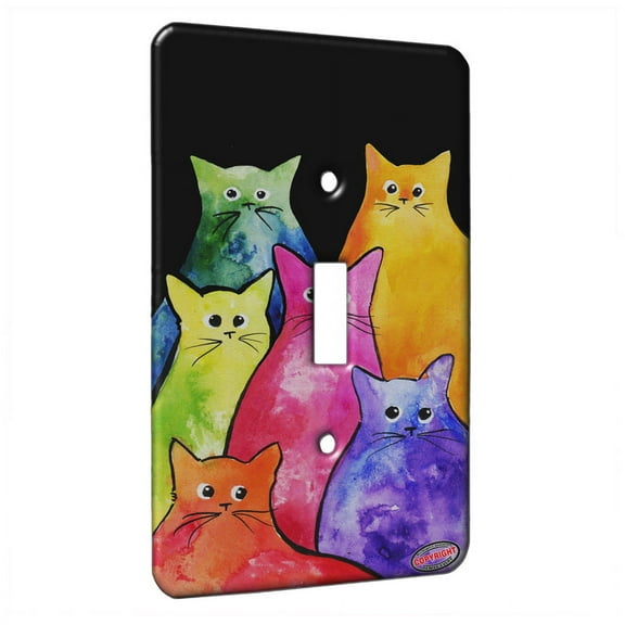 KuzmarK™ Single Gang Toggle Switch Wall Plate - Colorful Tie Dyed Kitties Art by Denise Every