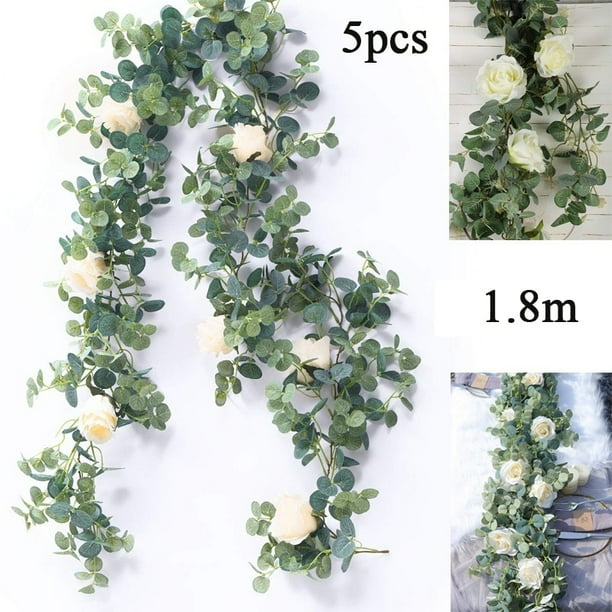 HOTBEST 3/5PCS 1.8M Artificial Eucalyptus Garland with Roses Greenery ...