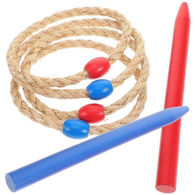 Multi Color Wooden Ring Toss Game with Jute Rope Rings for Family Outdoor Fun and Kids Play