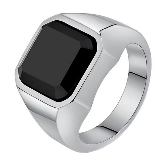 PAURO Men's Stainless Steel Vintage Square Black Agate Signet Rings Simple Polished Thumb Rings for Him Silver Size 8