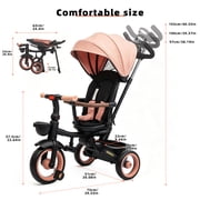 XJD 7-in-1 Toddler Bike with Push Handle for Ages 1-4, Foldable Lightweight Toddler Tricycle Stroller, Convertible Push Trike with Safety Harness, Pink