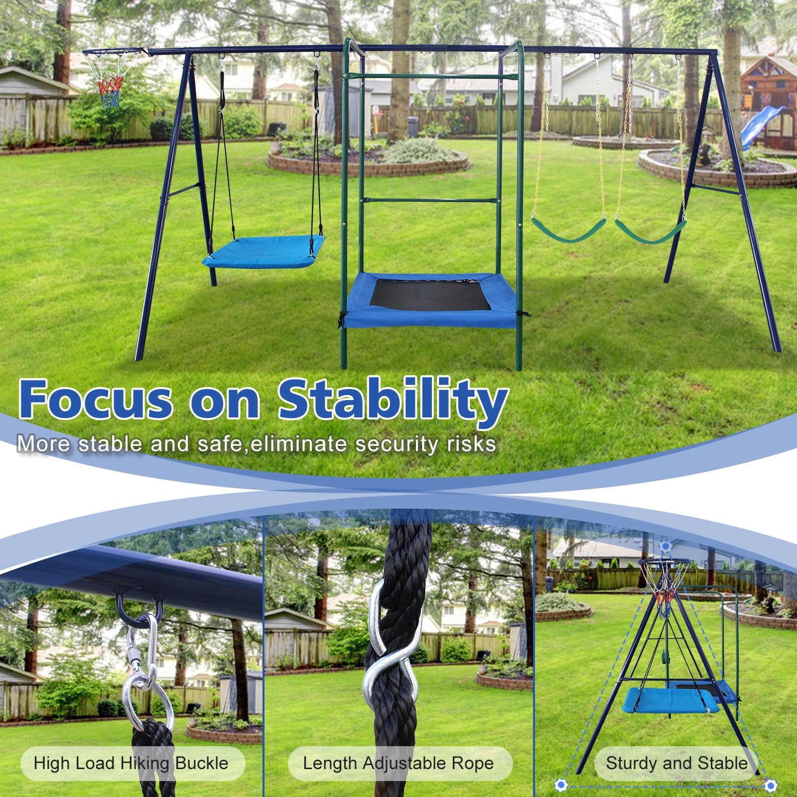 Hommoo 4 in 1 Swing Set With Belt Swing, Hammock Swing, Trampolone,Basket Rim for Backyard, Multicolor