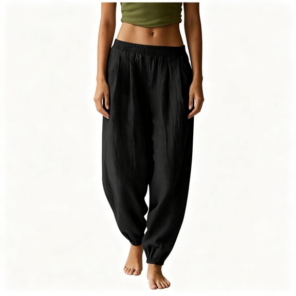 BCSIOAOI Womens Pants,Cotton Elastic Waist Solid Elastic Cuffs Pleated Pants with Pockets Black M