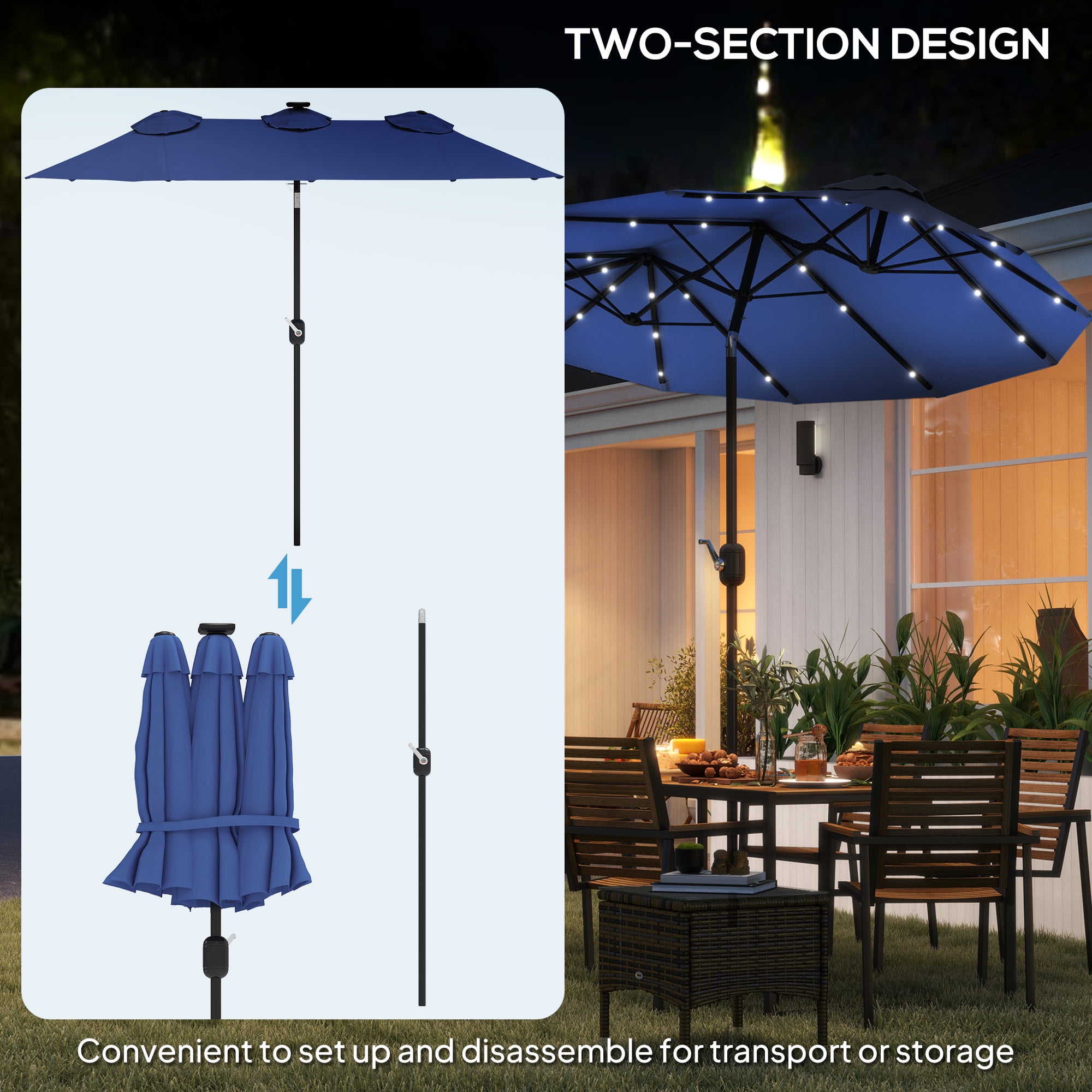 Outsunny 9.7' Double-sided Patio Umbrella with LED Solar Light, Tilt and Crank, Outdoor Umbrella, Navy Blue